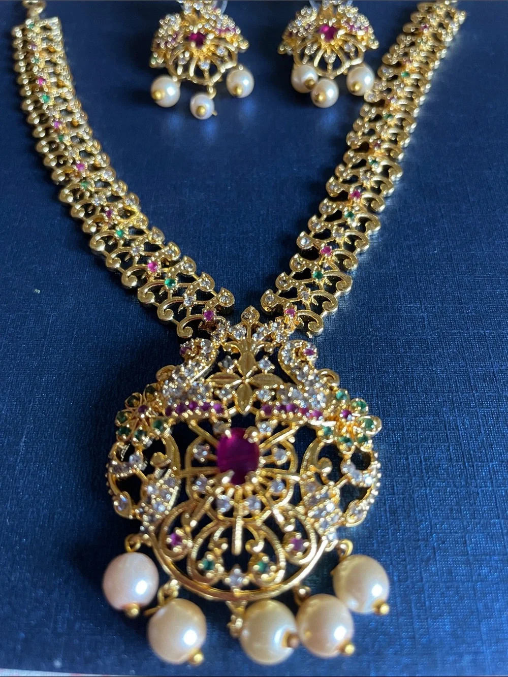 Gold Filigree Pendant Necklace and Earring Set with Pink & Green Accents